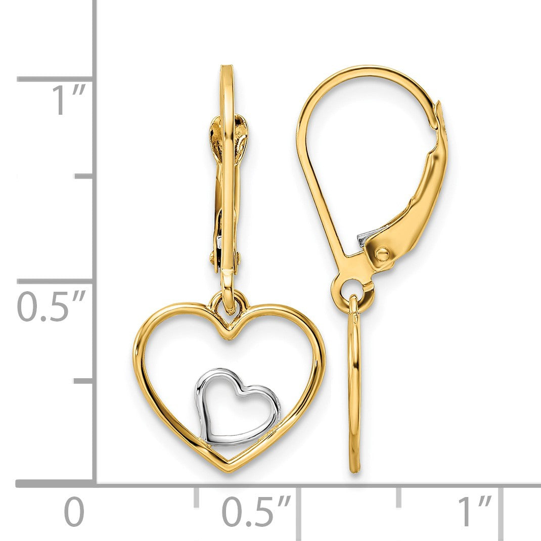 14k and White Rhodium Heart in Heart Leverback Dangle Earrings