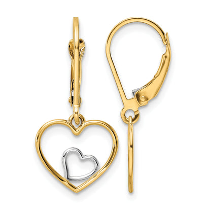 14k and White Rhodium Heart in Heart Leverback Dangle Earrings