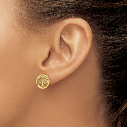 14k Polished Filigree Tree of Life in Circle Post Earrings