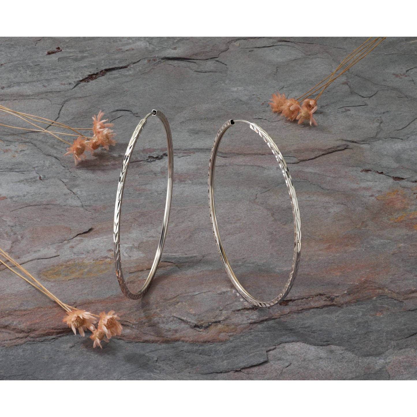 14k White Gold 1.35x50mm Diamond-cut Square-Tube Endless Hoop Earrings