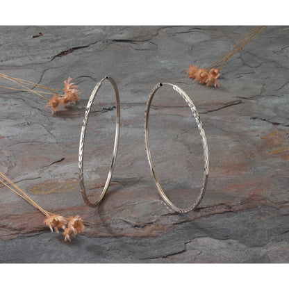 14k White Gold 1.35x50mm Diamond-cut Square-Tube Endless Hoop Earrings