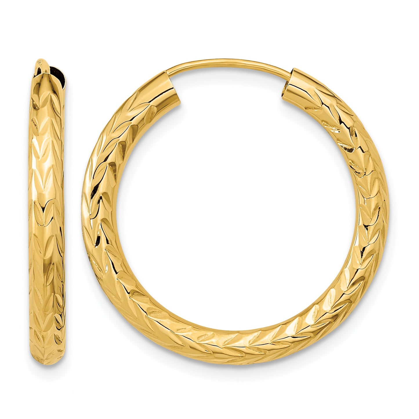14k 3.00x25mm Polished Diamond-cut Endless Tube Hoop Earrings