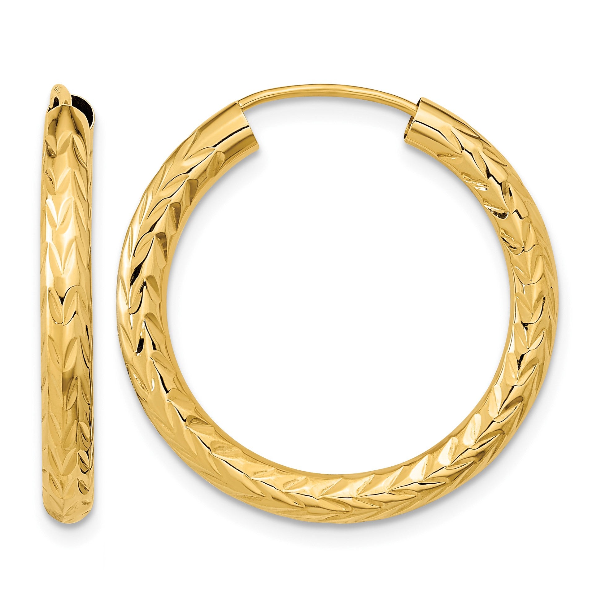 14k 3.00x25mm Polished Diamond-cut Endless Tube Hoop Earrings