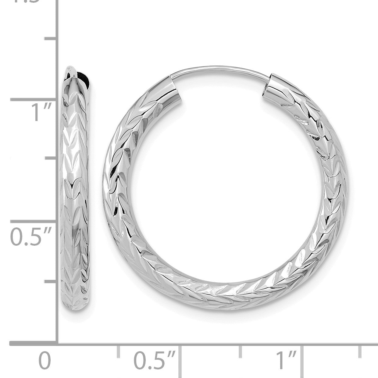 14k White Gold 3.00x25mm Polished Diamond-cut Endless Tube Hoop Earrings