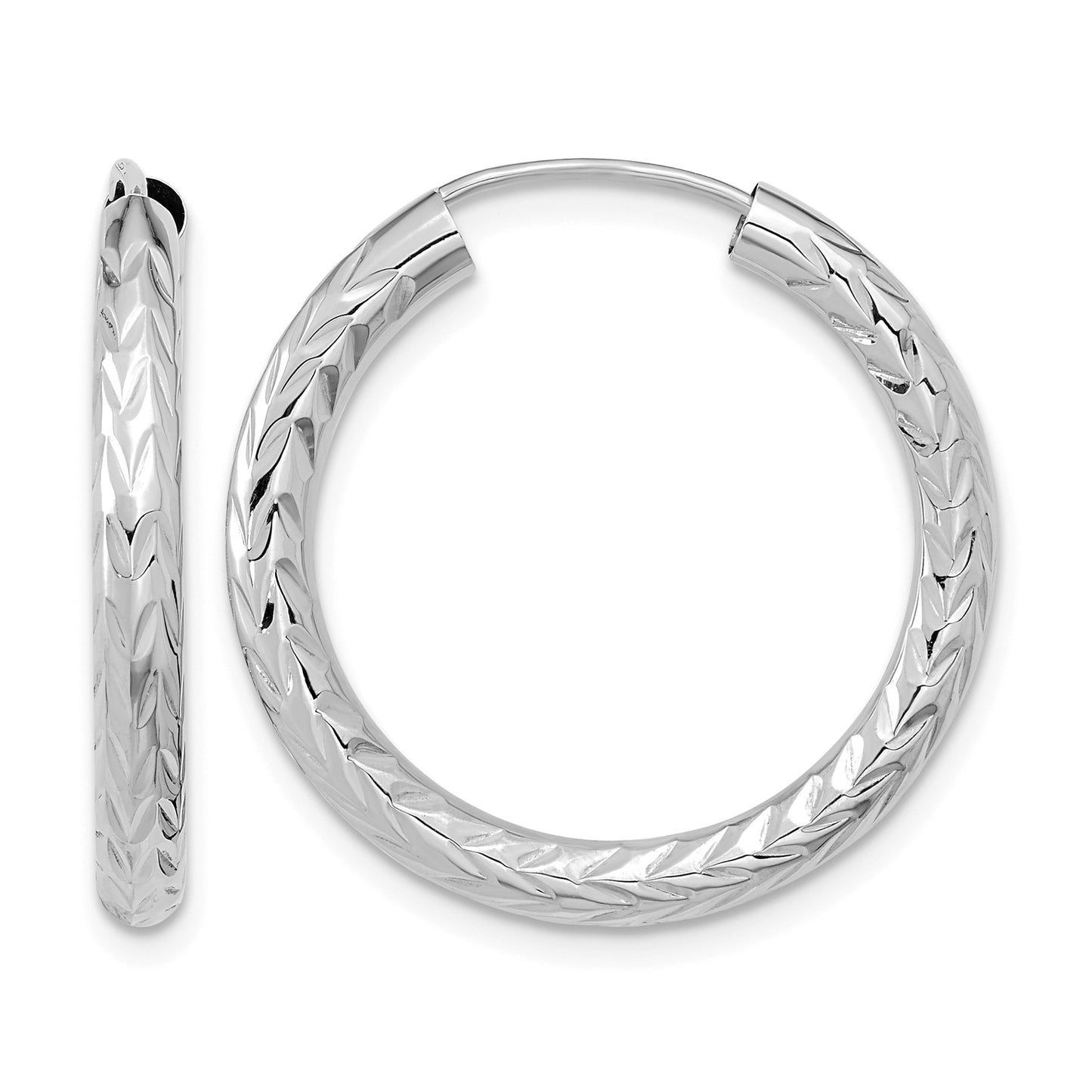 14k White Gold 3.00x25mm Polished Diamond-cut Endless Tube Hoop Earrings