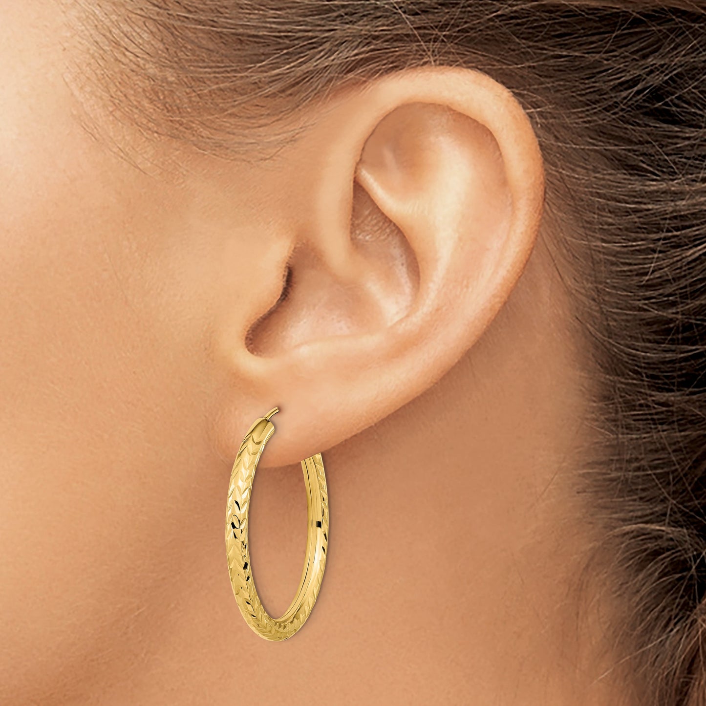 14k 3.00x30mm Polished Diamond-cut Endless Tube Hoop Earrings
