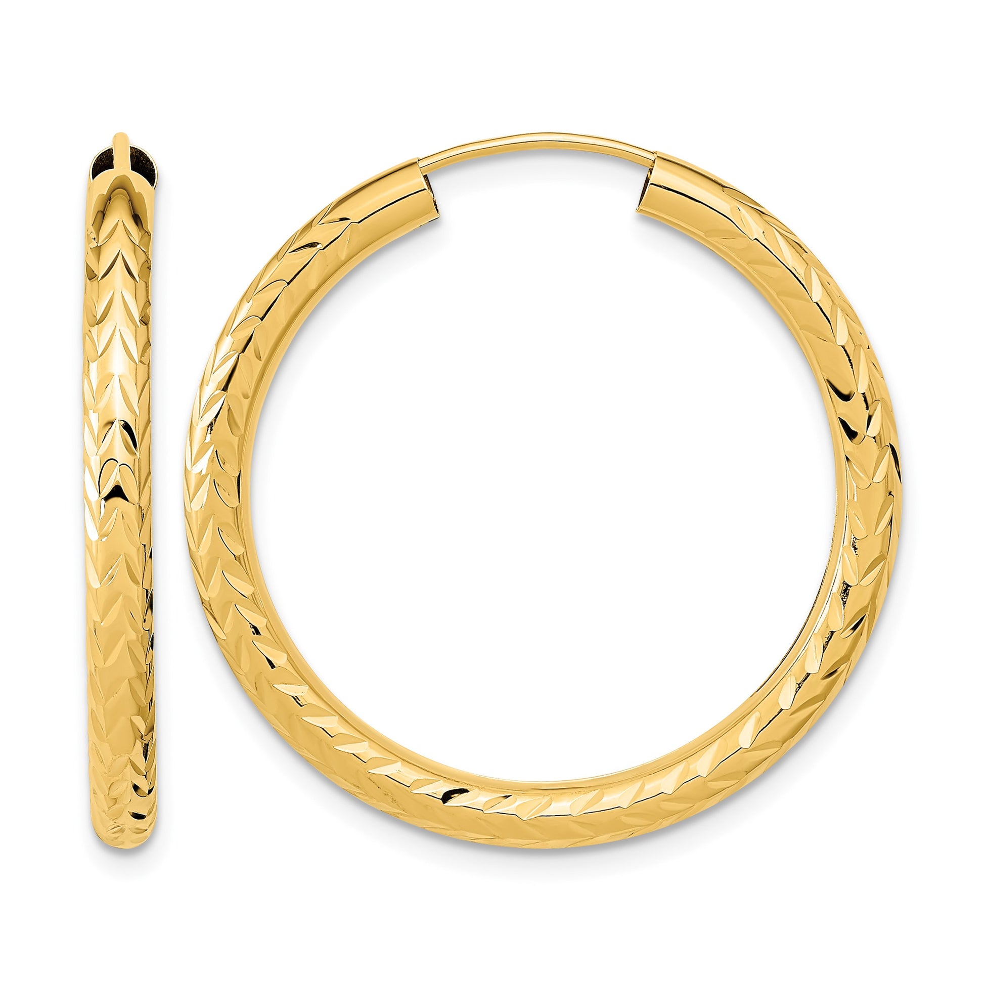 14k 3.00x30mm Polished Diamond-cut Endless Tube Hoop Earrings