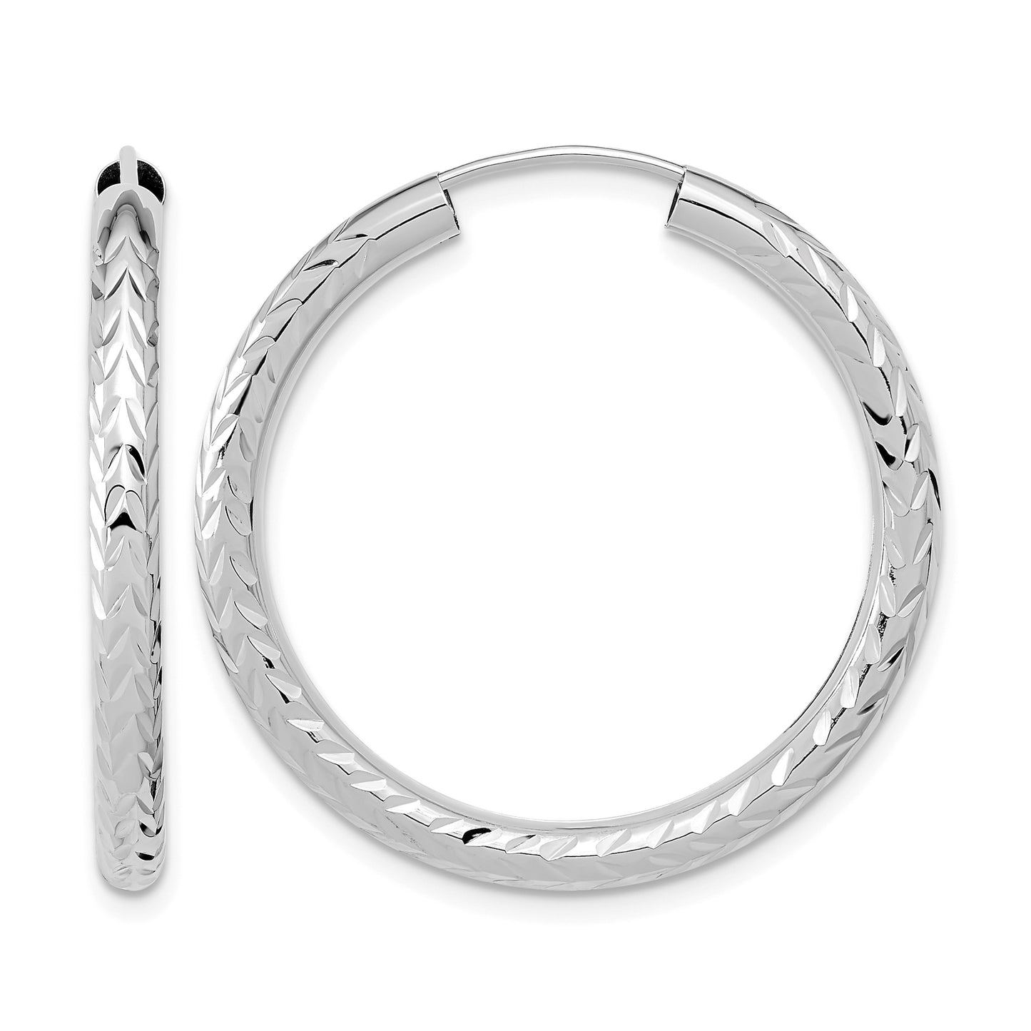 14k White Gold 3.00x30mm Polished Diamond-cut Endless Tube Hoop Earrings