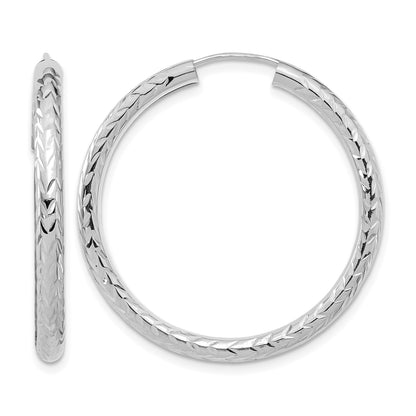14k White Gold 3.00x35mm Polished Diamond-cut Endless Tube Hoop Earrings