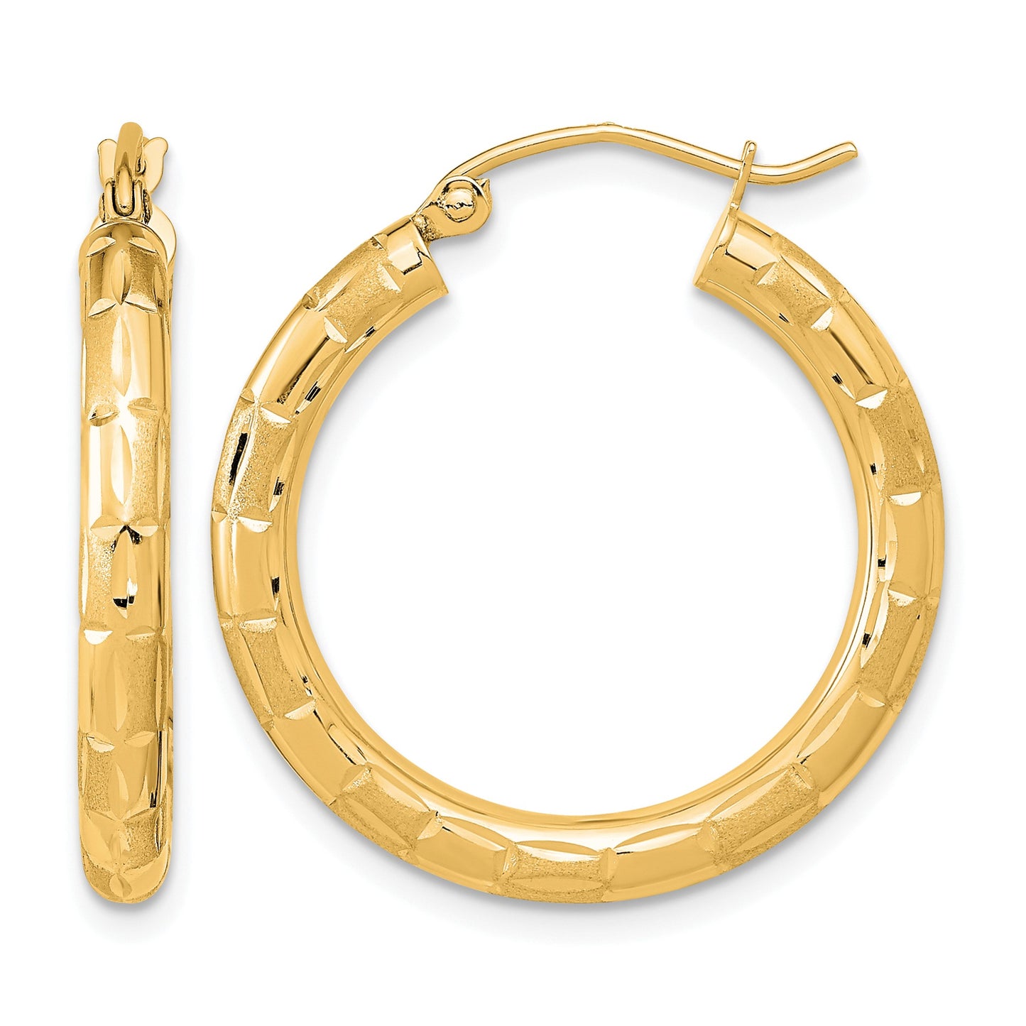 14k Polished Satin and Diamond-cut Hoop Earrings