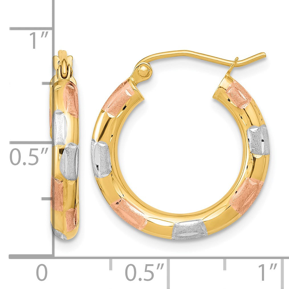 14k w/White and Rose Rhodium Polished Satin Diamond-cut Hoop Earrings