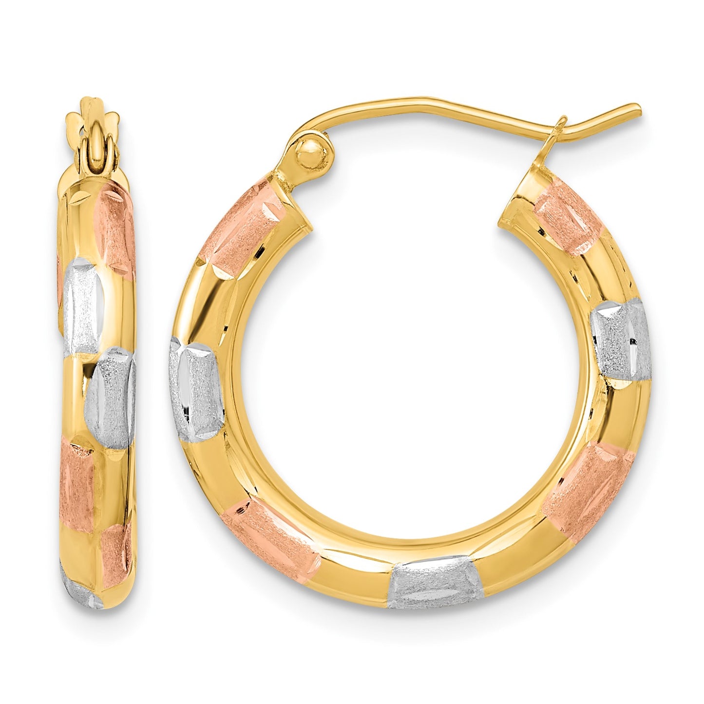14k w/White and Rose Rhodium Polished Satin Diamond-cut Hoop Earrings