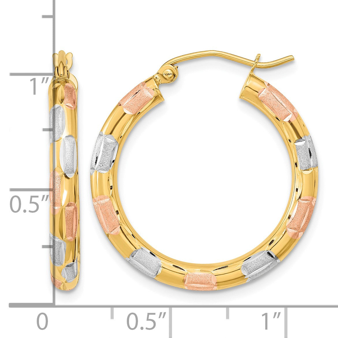14k w/White and Rose Rhodium Polished Satin Diamond-cut Hoop Earrings
