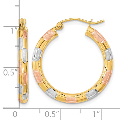 14k w/White and Rose Rhodium Polished Satin Diamond-cut Hoop Earrings