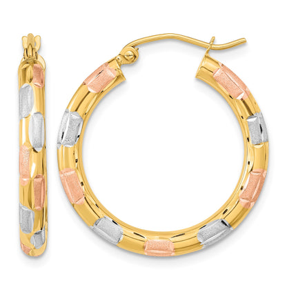 14k w/White and Rose Rhodium Polished Satin Diamond-cut Hoop Earrings