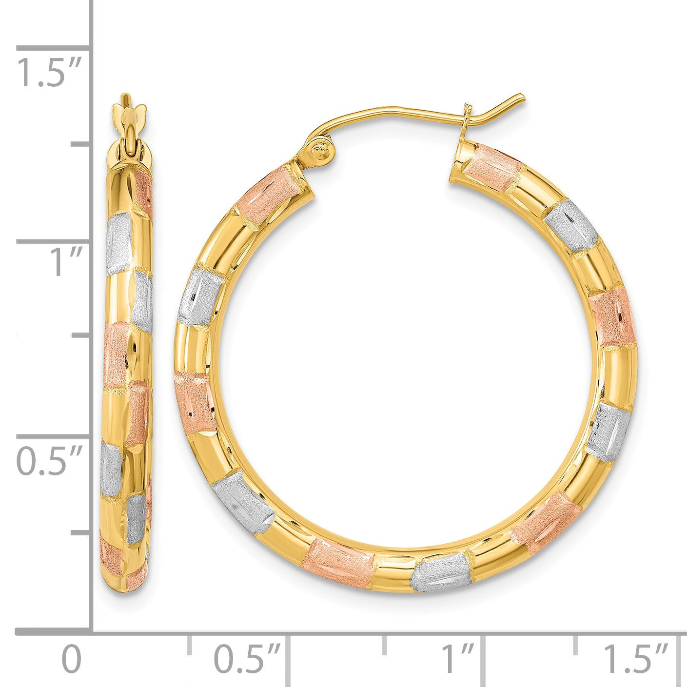 14k w/ White and Rose Rhodium Polished Satin Diamond-cut Hoop Earrings