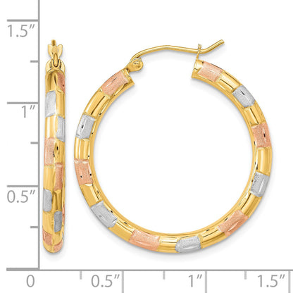 14k w/ White and Rose Rhodium Polished Satin Diamond-cut Hoop Earrings