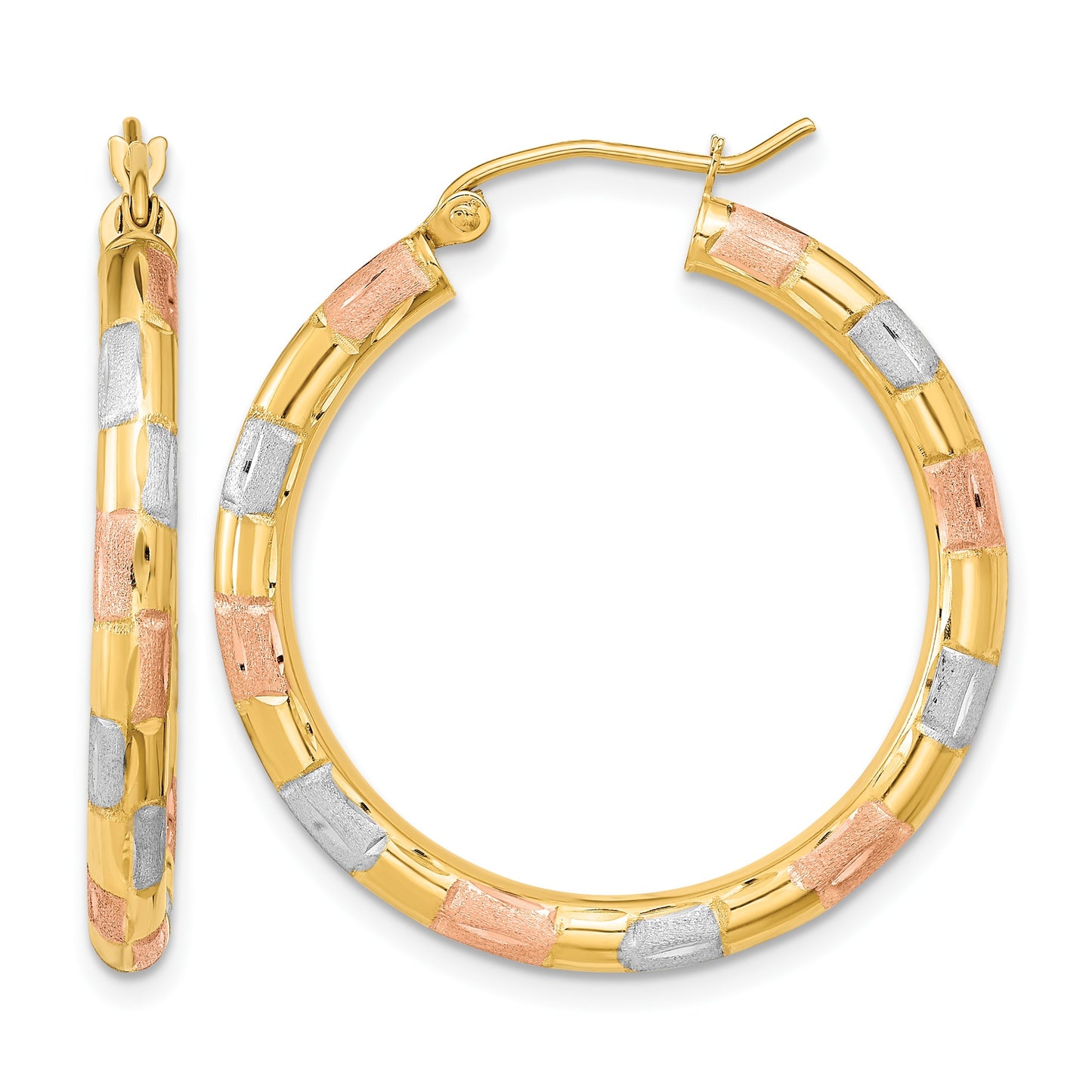 14k w/ White and Rose Rhodium Polished Satin Diamond-cut Hoop Earrings