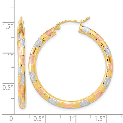 14k w/ White and Rose Rhodium Polished Satin Diamond-cut Hoop Earrings