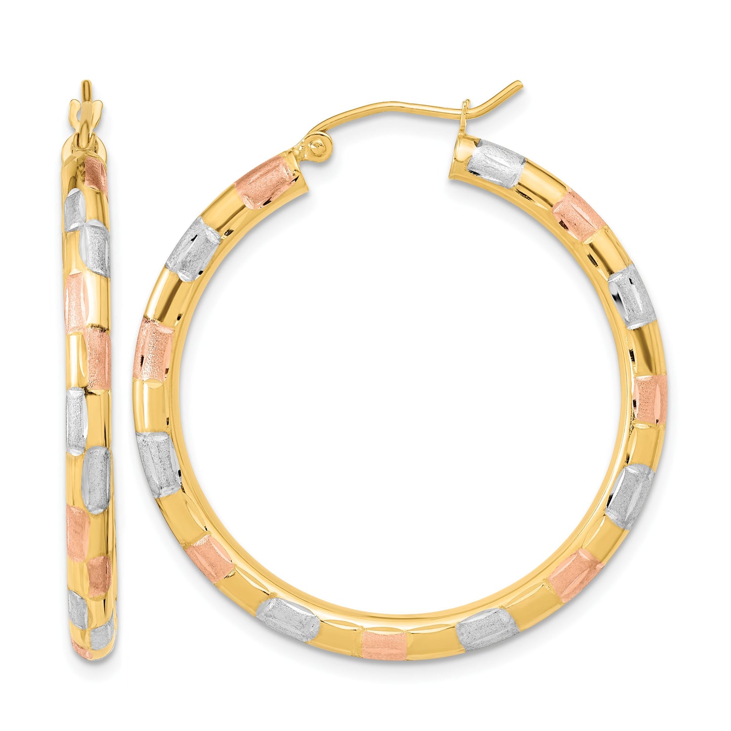 14k w/ White and Rose Rhodium Polished Satin Diamond-cut Hoop Earrings