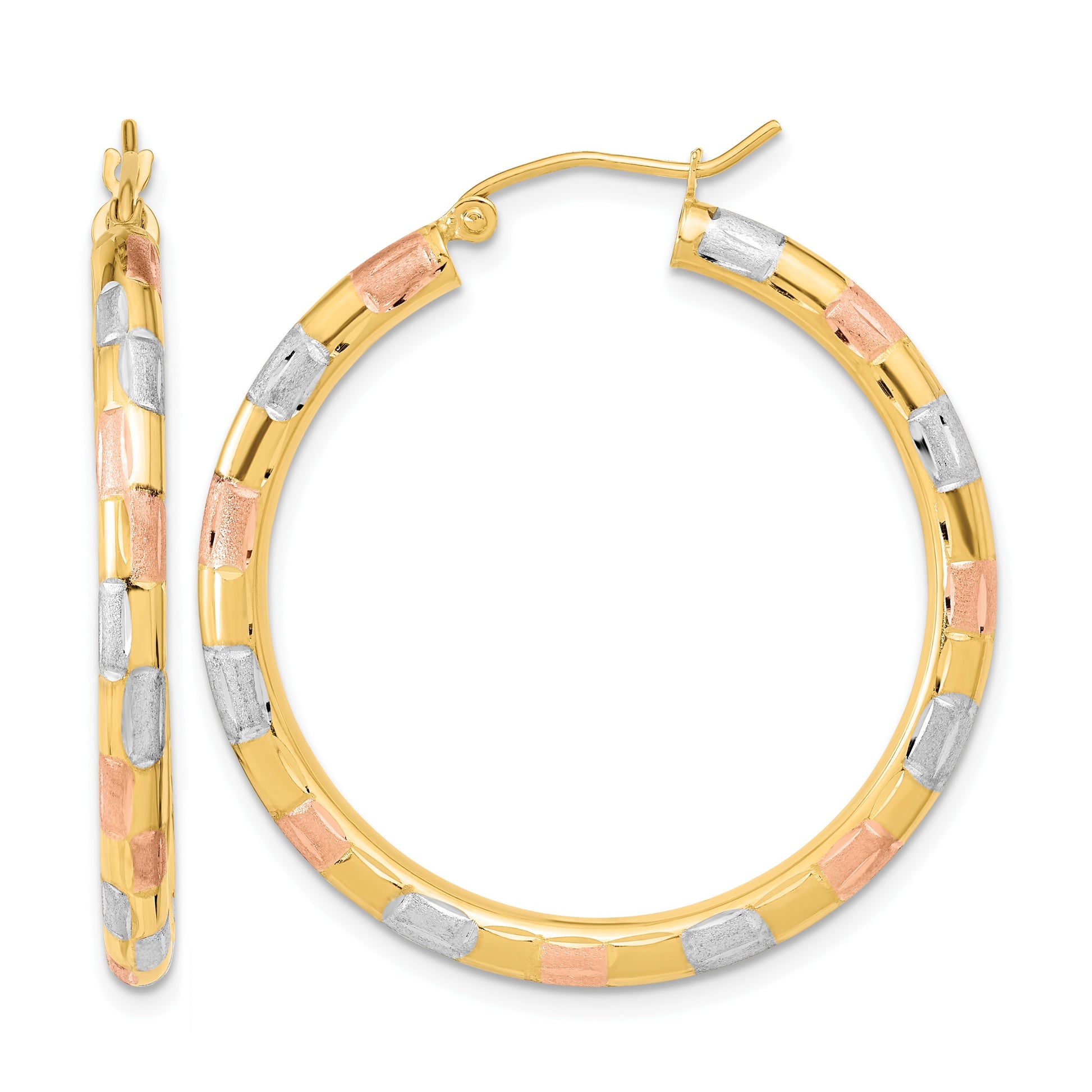 14k w/ White and Rose Rhodium Polished Satin Diamond-cut Hoop Earrings