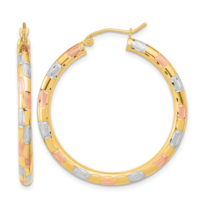 14k w/ White and Rose Rhodium Polished Satin Diamond-cut Hoop Earrings