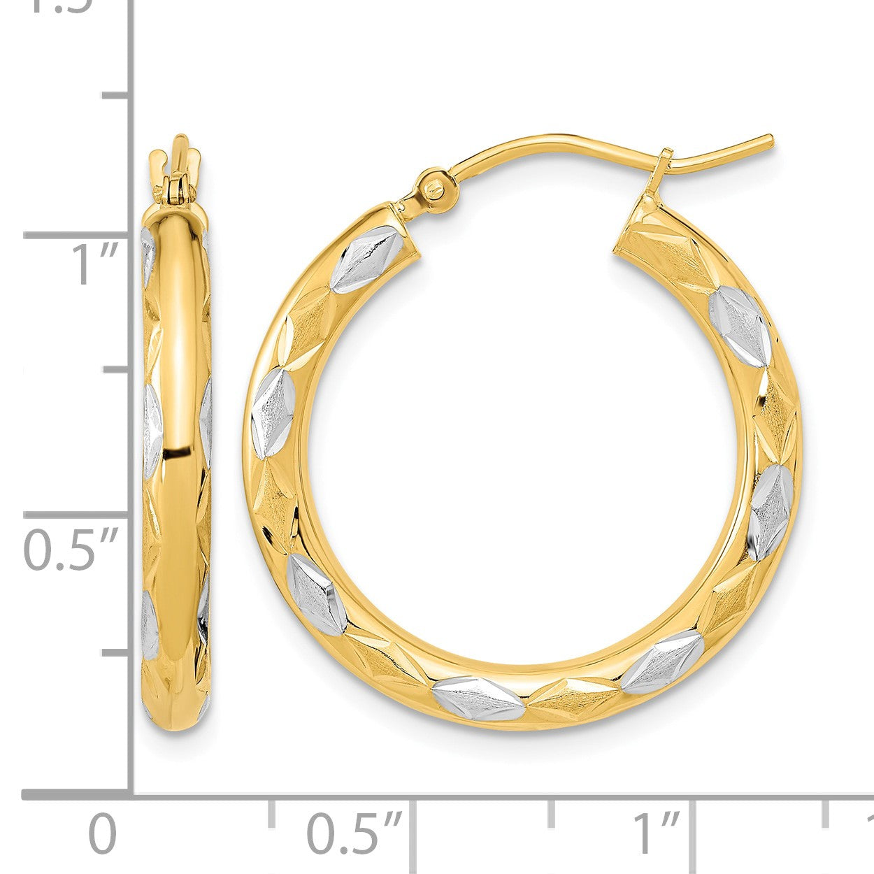14k White Rhodium Polished Satin and Diamond-cut Hoop Earrings