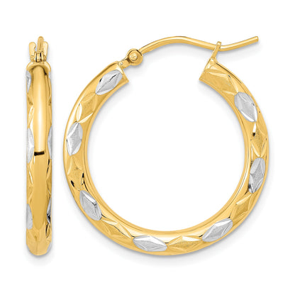 14k White Rhodium Polished Satin and Diamond-cut Hoop Earrings