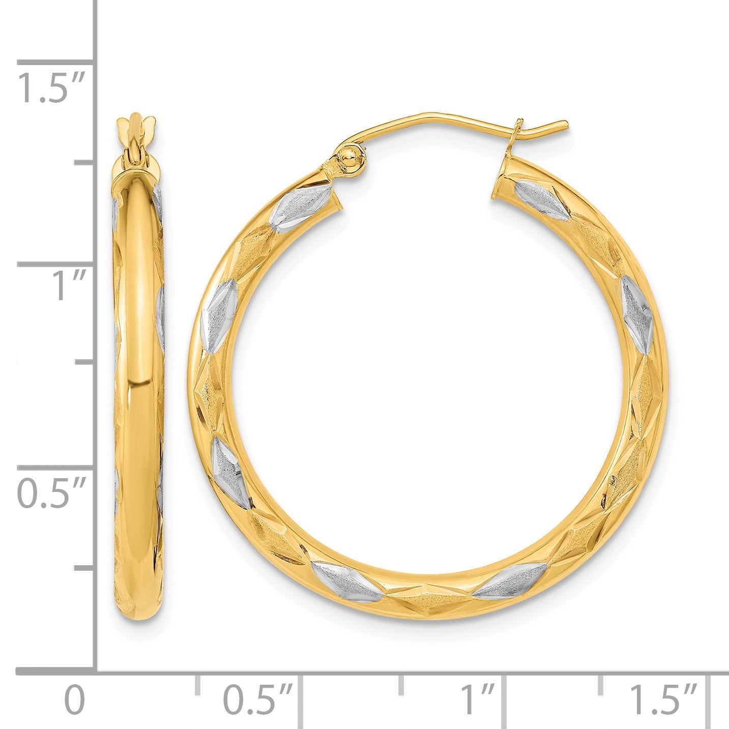 14k White Rhodium Polished Satin and Diamond-cut Hoop Earrings