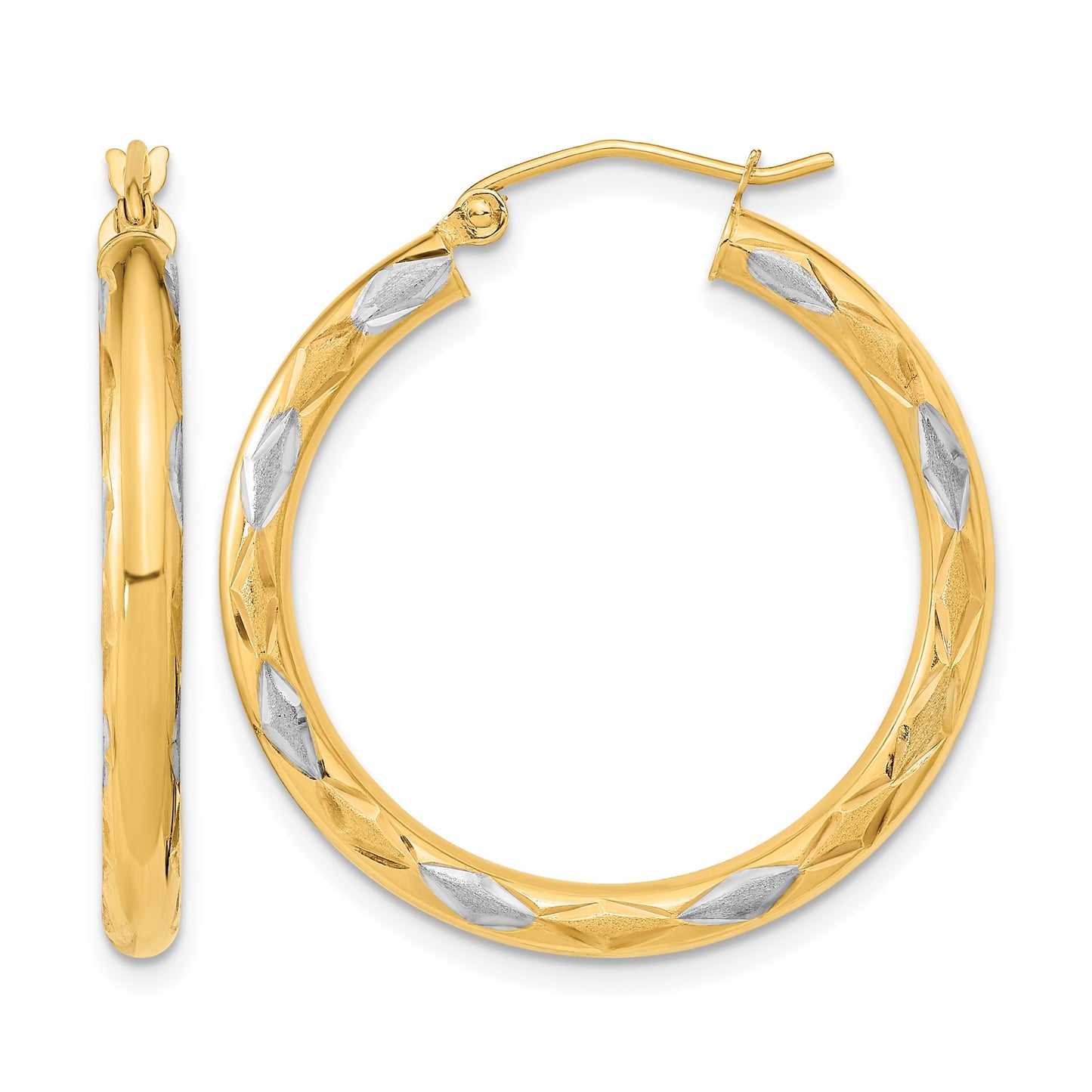 14k White Rhodium Polished Satin and Diamond-cut Hoop Earrings