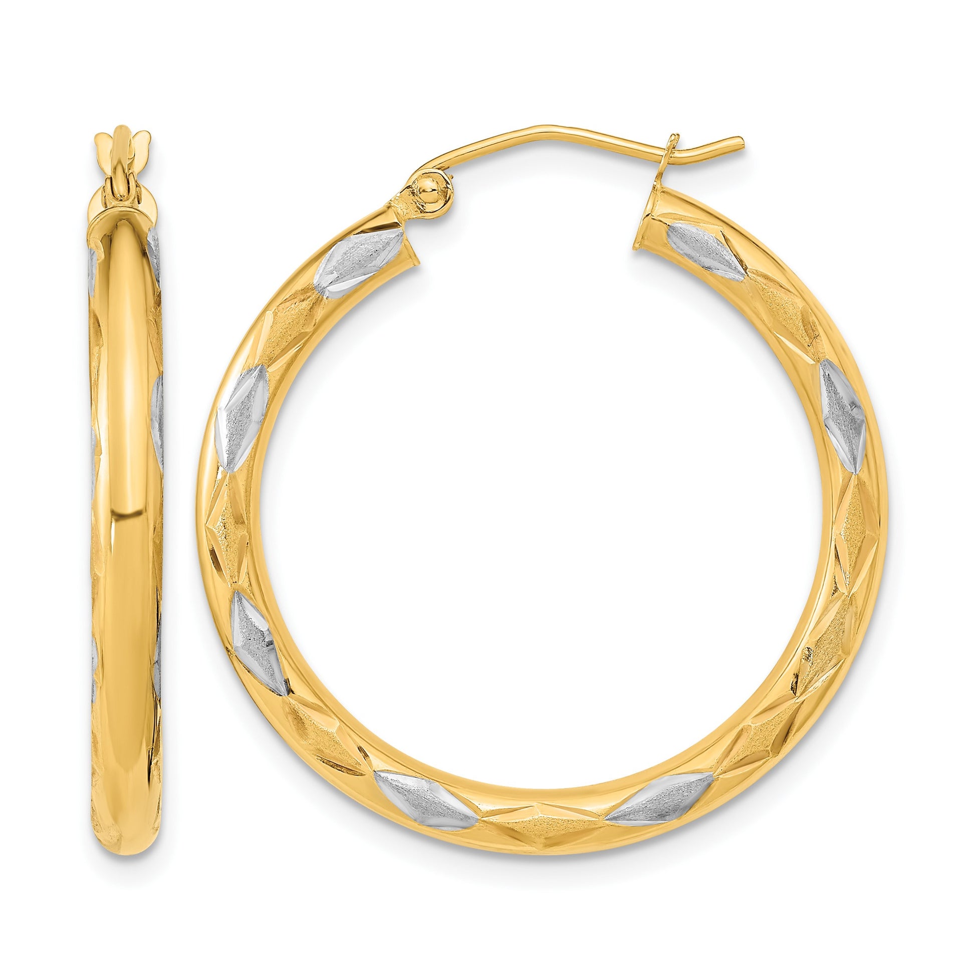 14k White Rhodium Polished Satin and Diamond-cut Hoop Earrings