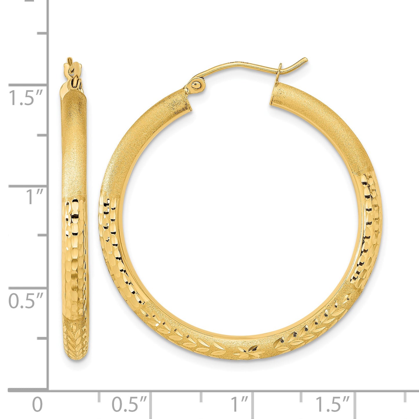 14k Polished Satin and Diamond-cut Hoop Earrings