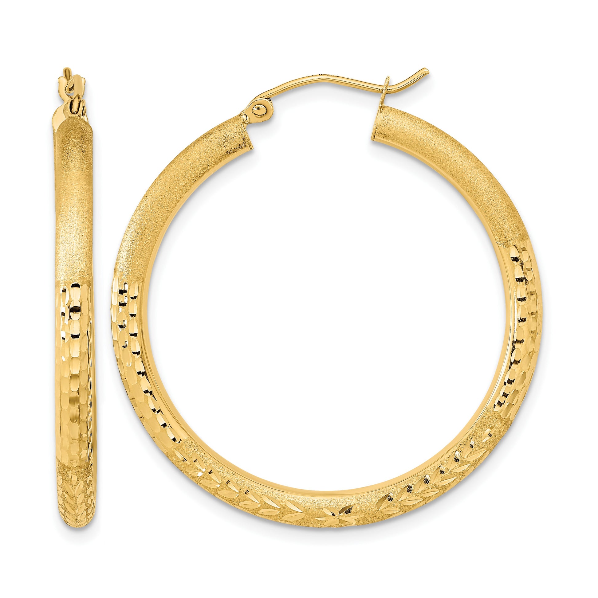 14k Polished Satin and Diamond-cut Hoop Earrings