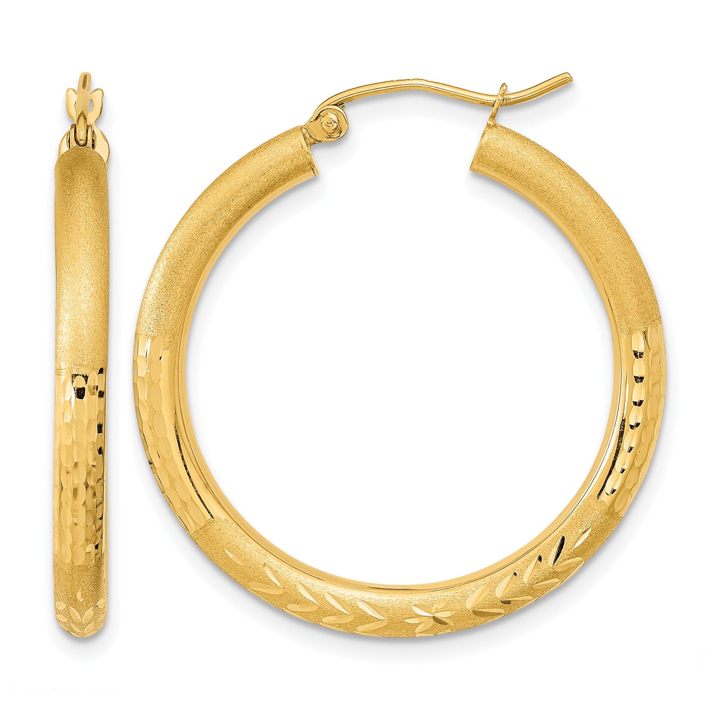 14k Polished Satin and Diamond-cut Hoop Earrings