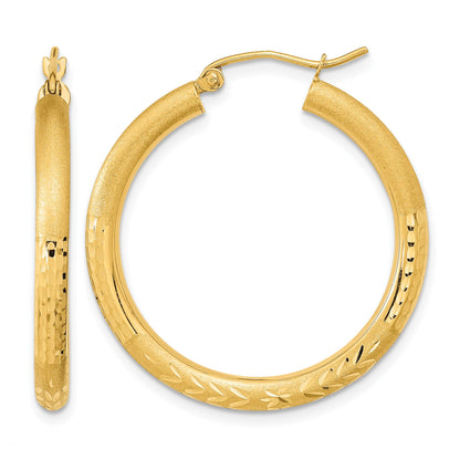 14k Polished Satin and Diamond-cut Hoop Earrings