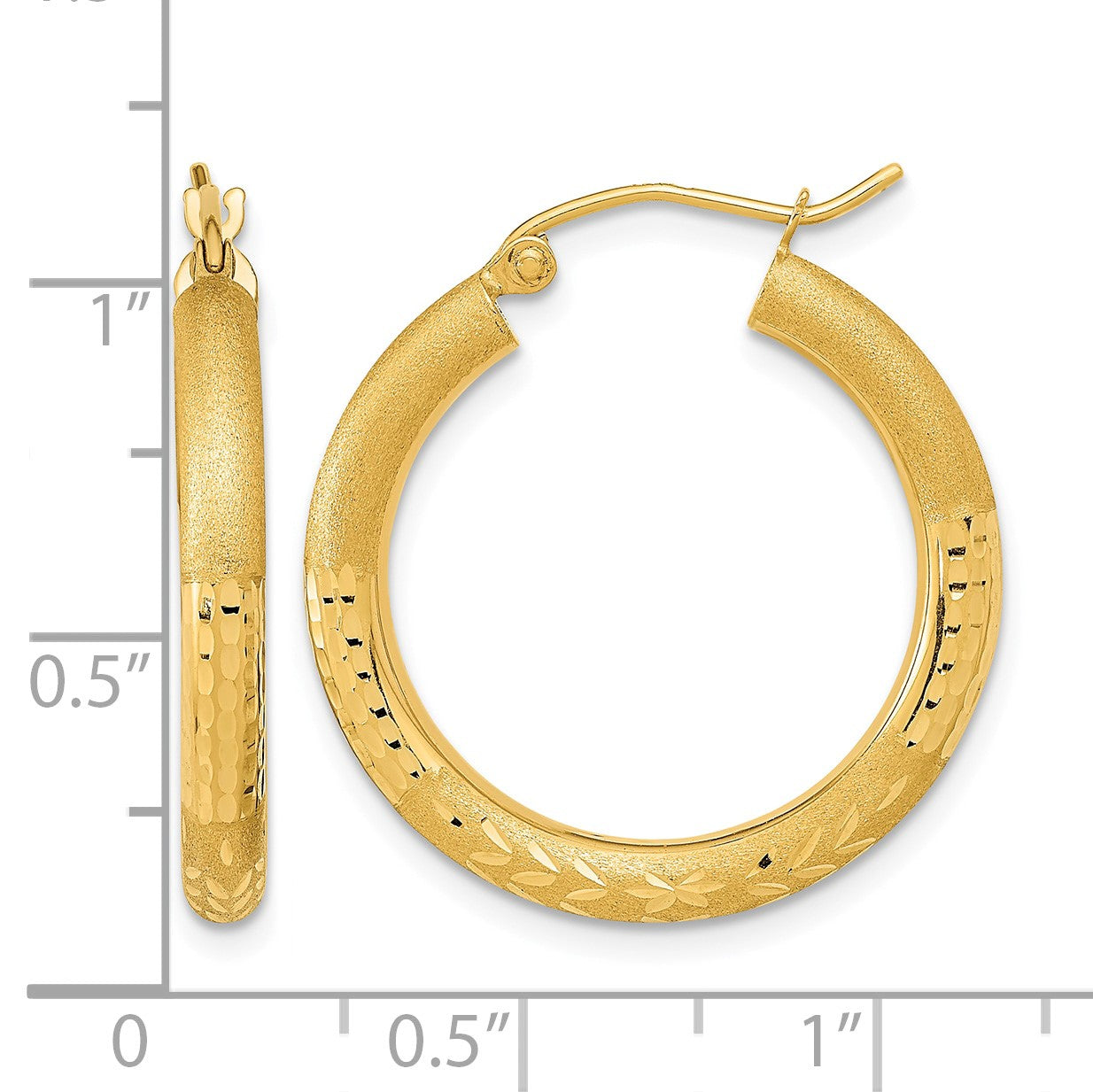 14k Polished Satin and Diamond-cut Hoop Earringss