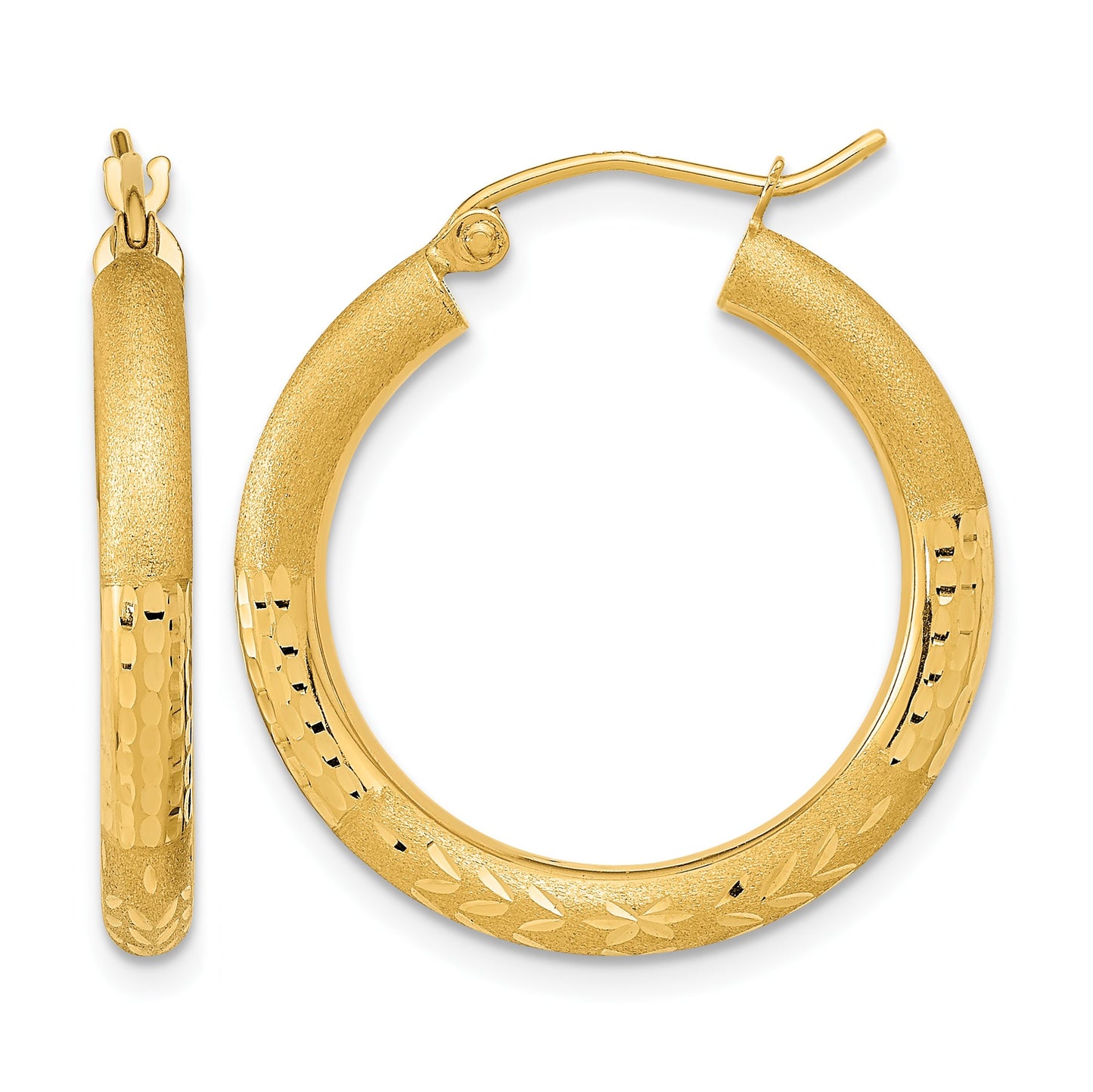 14k Polished Satin and Diamond-cut Hoop Earringss