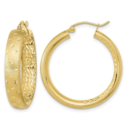 14k Polished Satin and Diamond-cut Hoop Earrings
