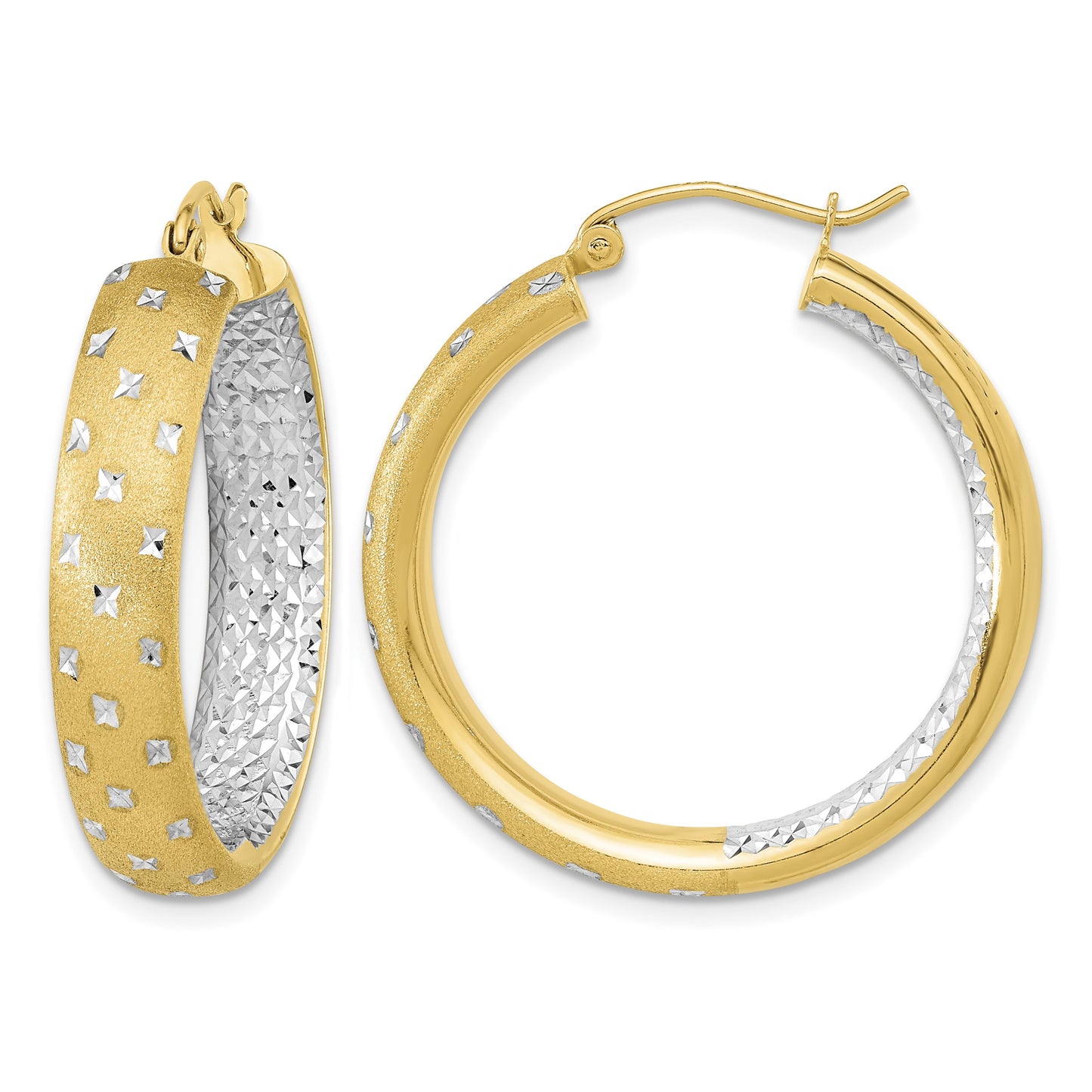 14k White Rhodium Polished Satin Diamond-cut In/Out Hoop Earrings