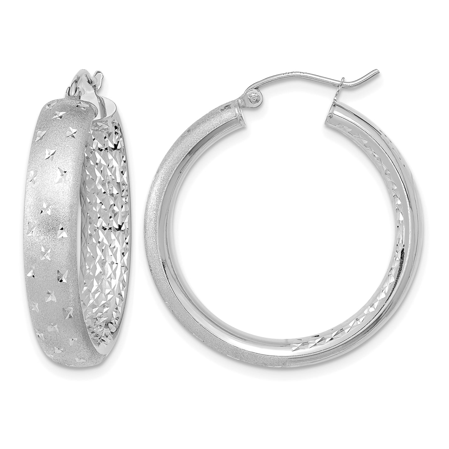 14k White Gold Polished Satin and Diamond-cut In/Out Hoop Earrings