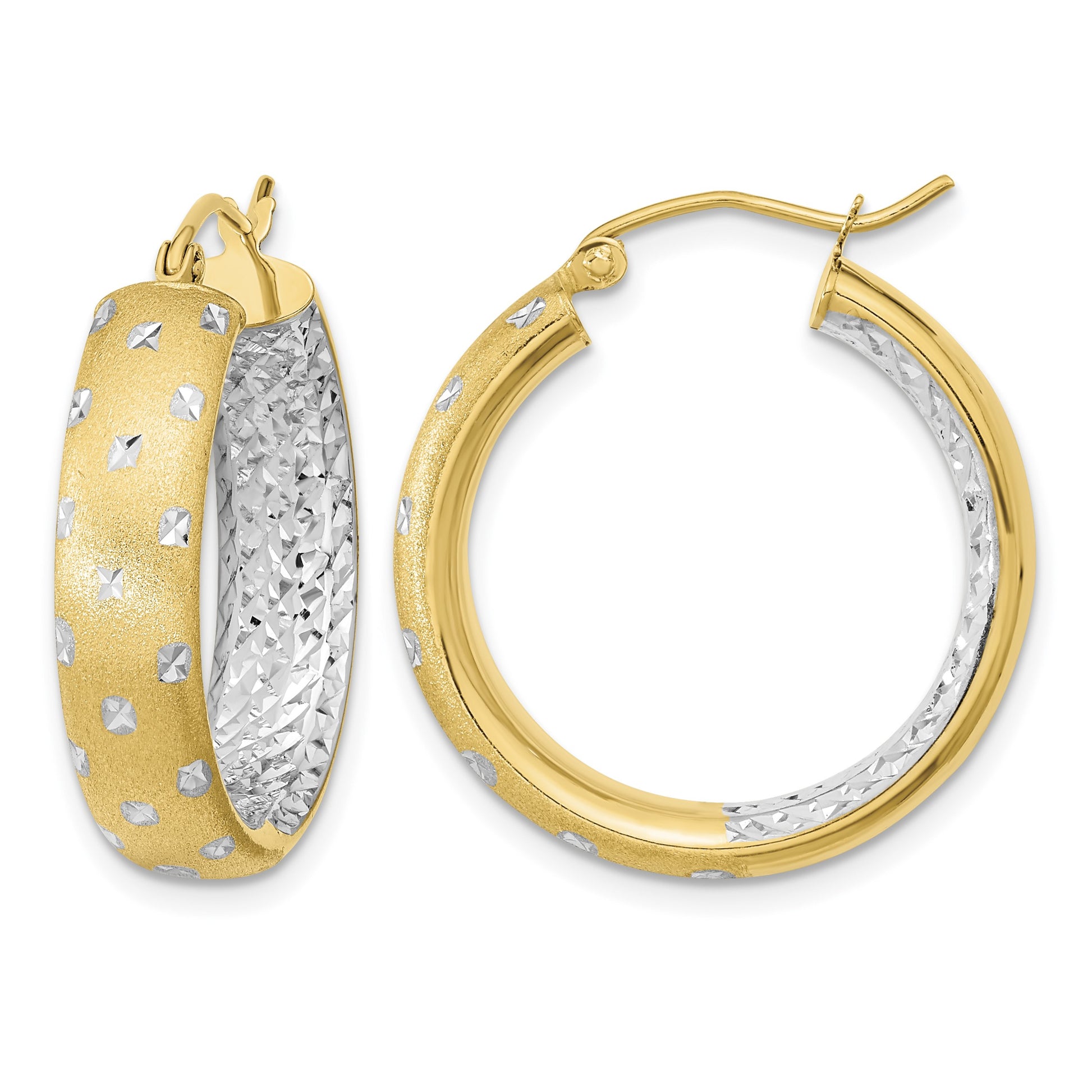 14k White Rhodium Polished Satin Diamond-cut In/Out Hoop Earrings