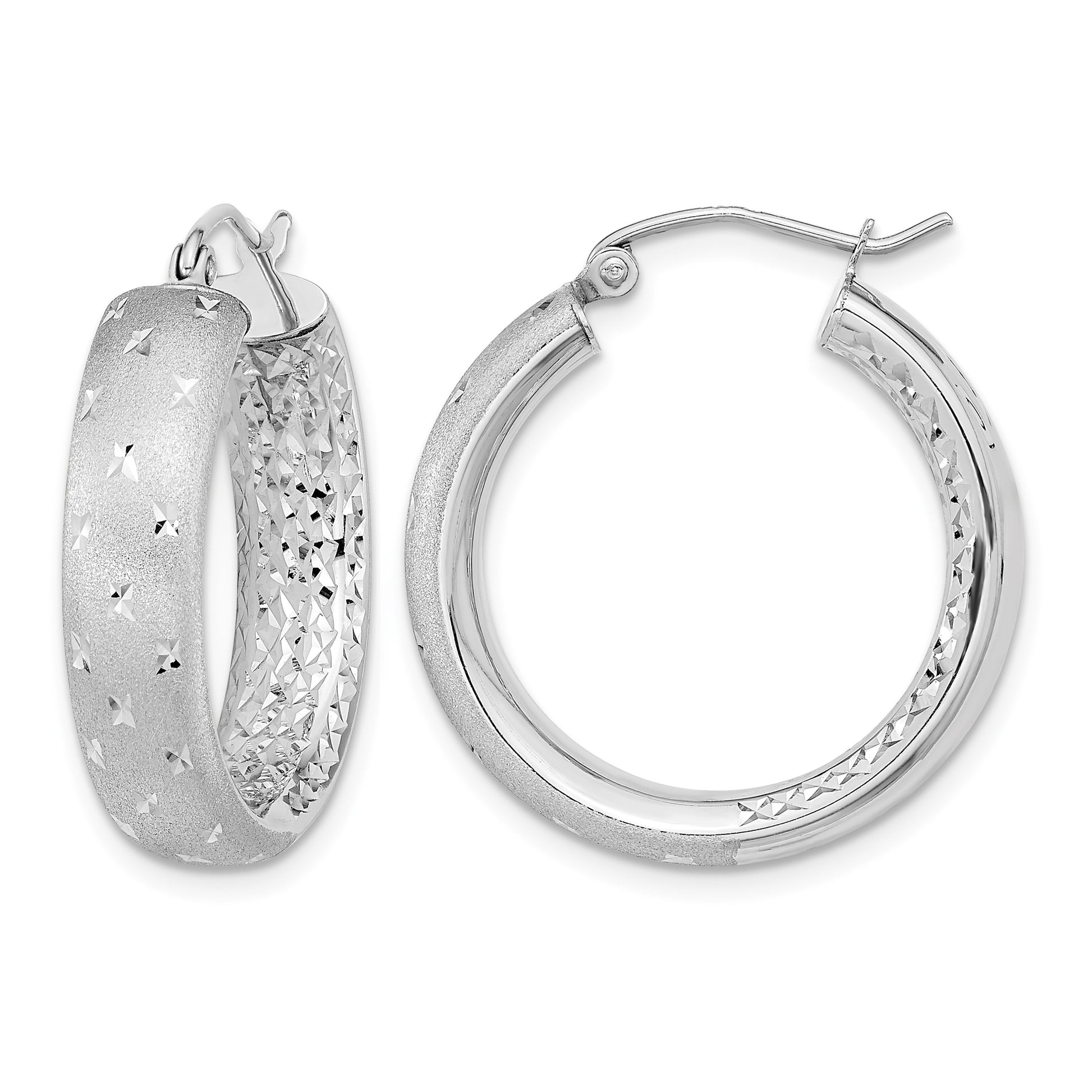 14k White Gold Polished Satin and Diamond-cut In/Out Hoop Earrings