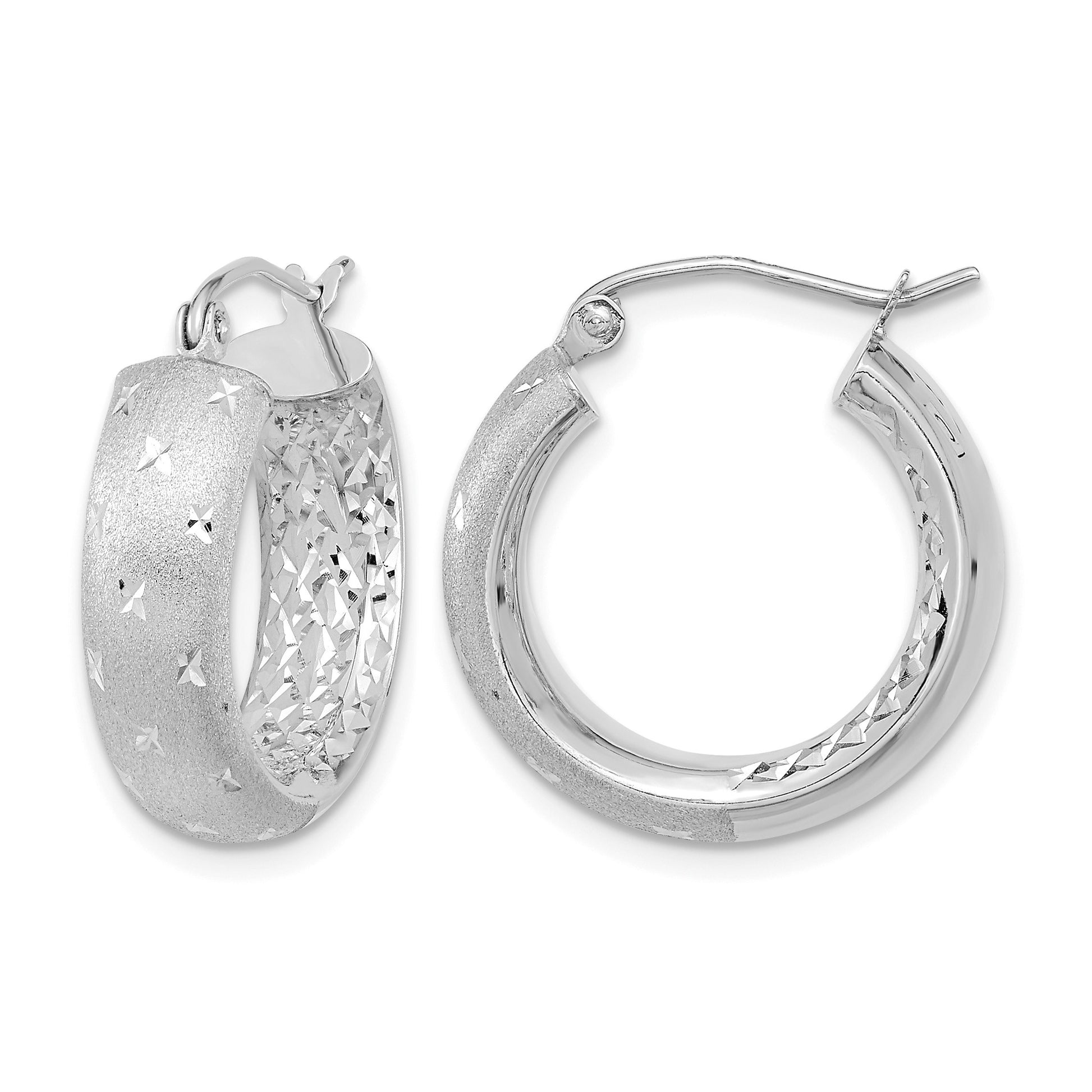 14k White Gold Polished, Satin & D/C In/Out Hoop Earrings