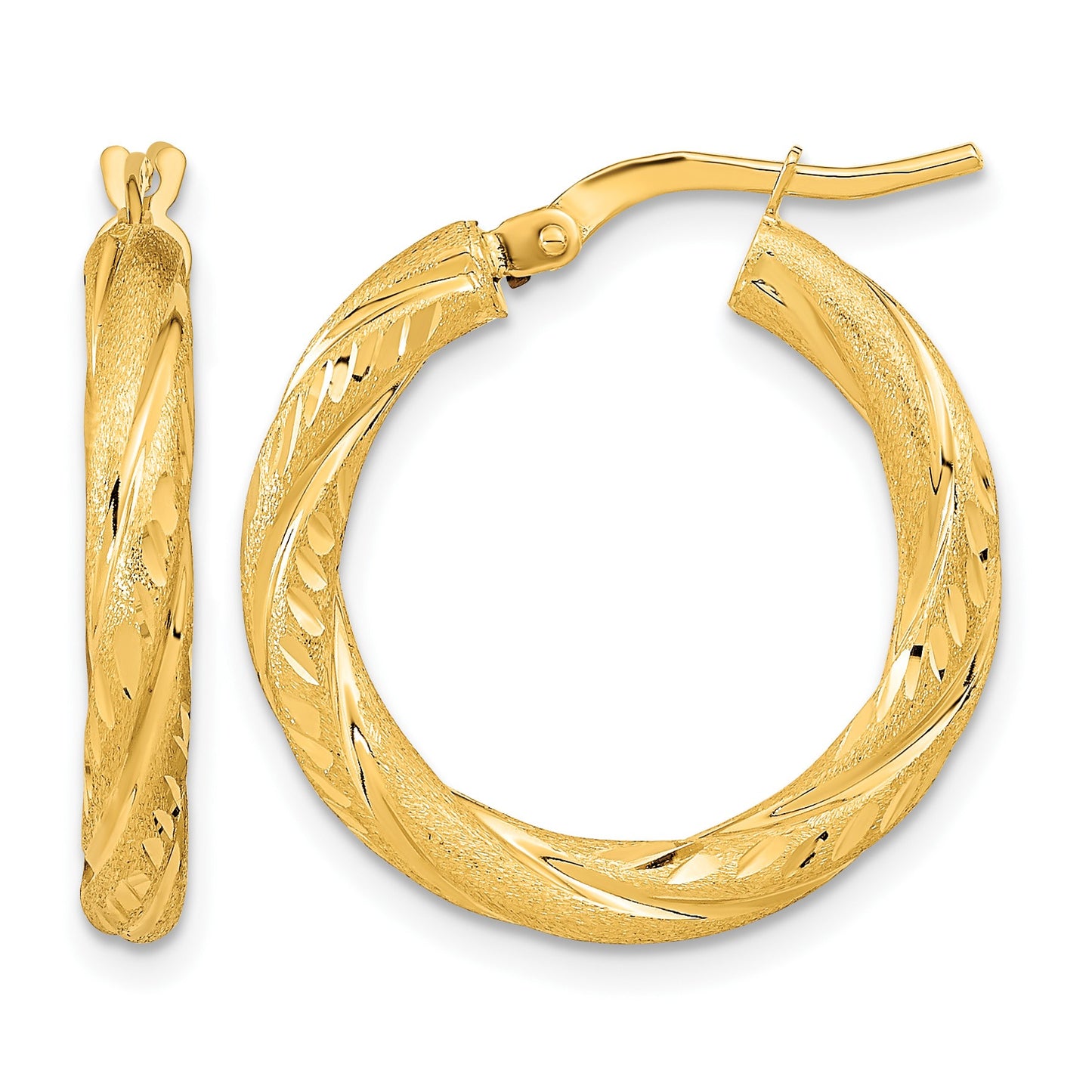 14k 3mm Polished & Satin D/C Hoop Earrings