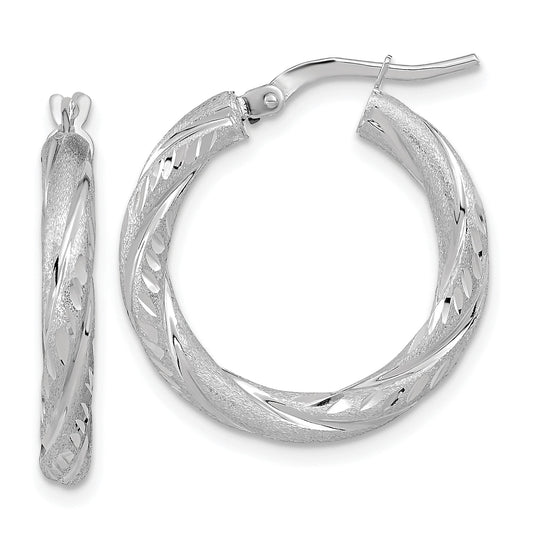 14k White Gold 3mm Polished & Satin D/C Hoop Earrings