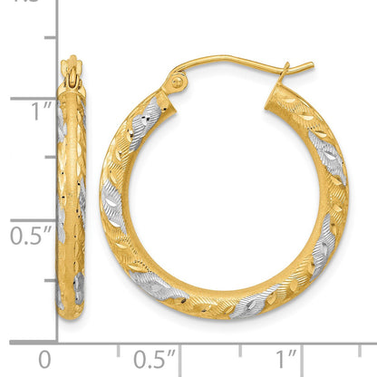 14k White Rhodium Diamond-cut Satin Hoop Earrings