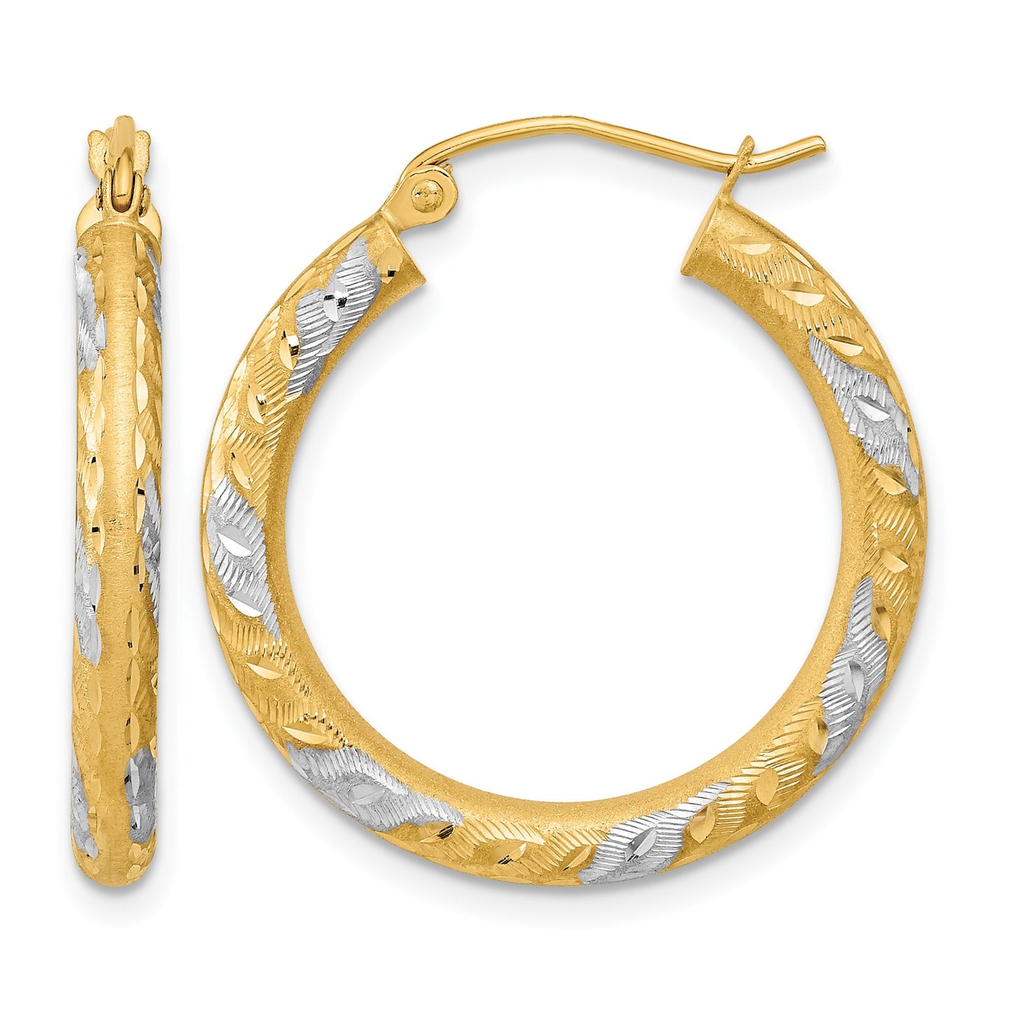 14k White Rhodium Diamond-cut Satin Hoop Earrings
