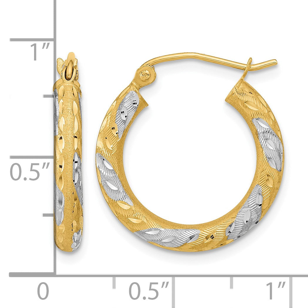 14k White Rhodium Diamond-cut Satin Hoop Earrings