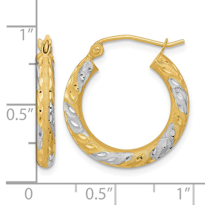 14k White Rhodium Diamond-cut Satin Hoop Earrings