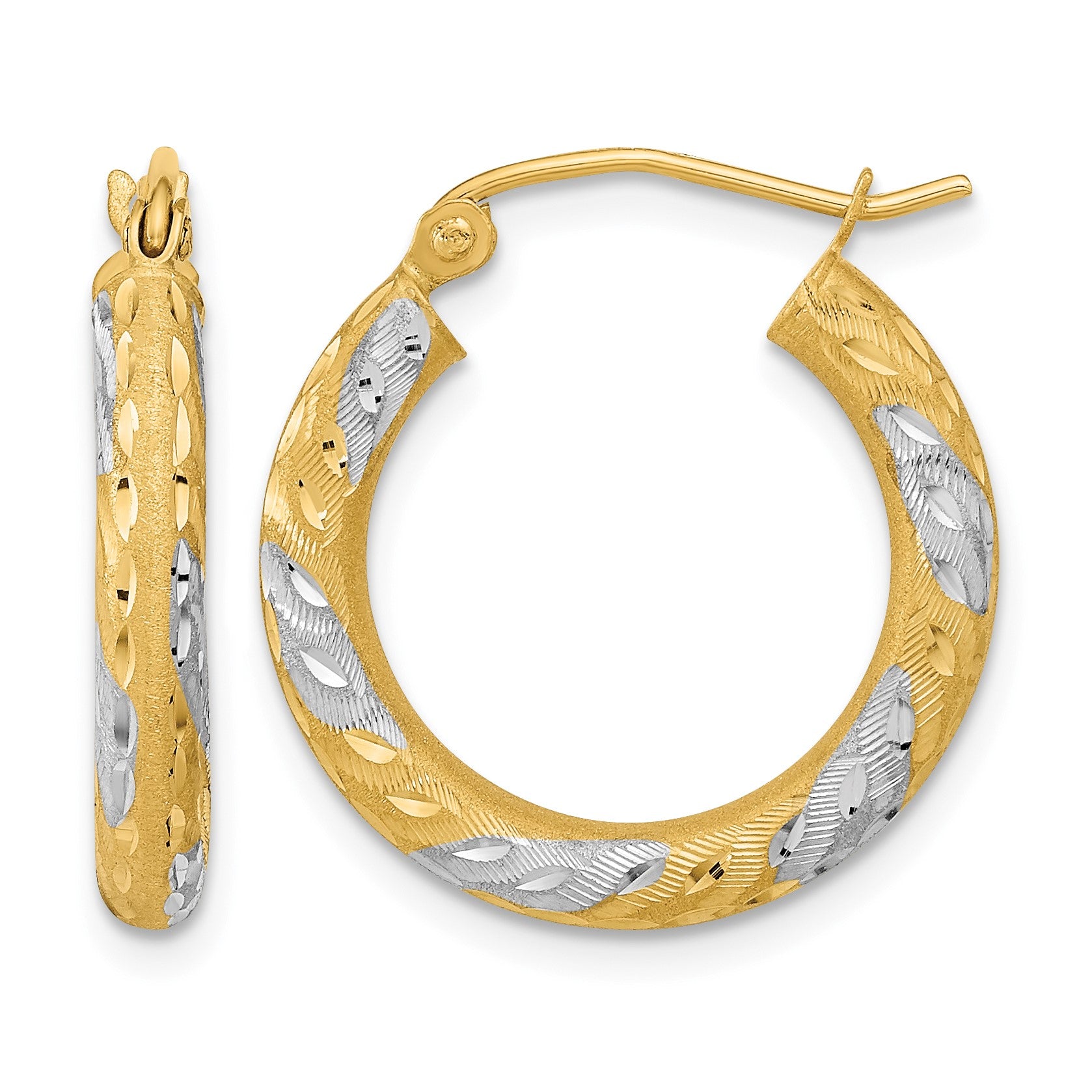 14k White Rhodium Diamond-cut Satin Hoop Earrings